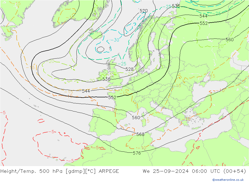 Geop./Temp. 500 hPa ARPEGE mié 25.09.2024 06 UTC