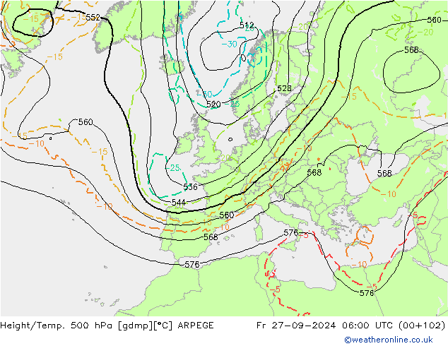 Height/Temp. 500 hPa ARPEGE Sex 27.09.2024 06 UTC