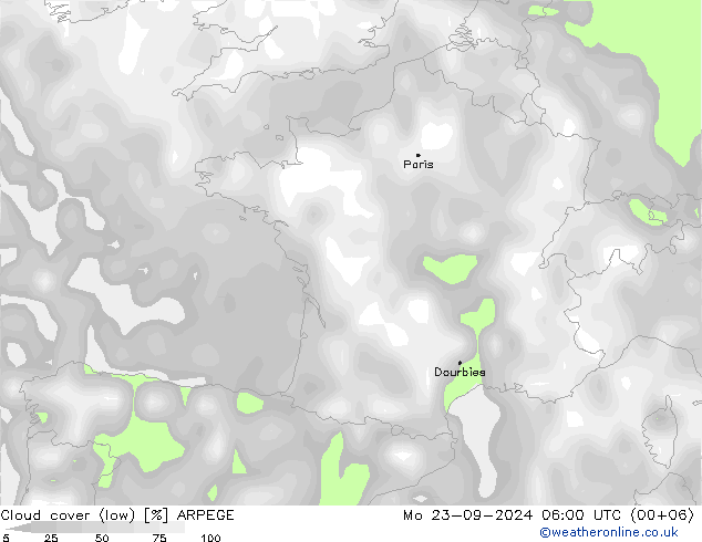 Wolken (tief) ARPEGE Mo 23.09.2024 06 UTC