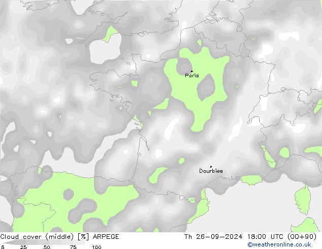 Nuages (moyen) ARPEGE jeu 26.09.2024 18 UTC