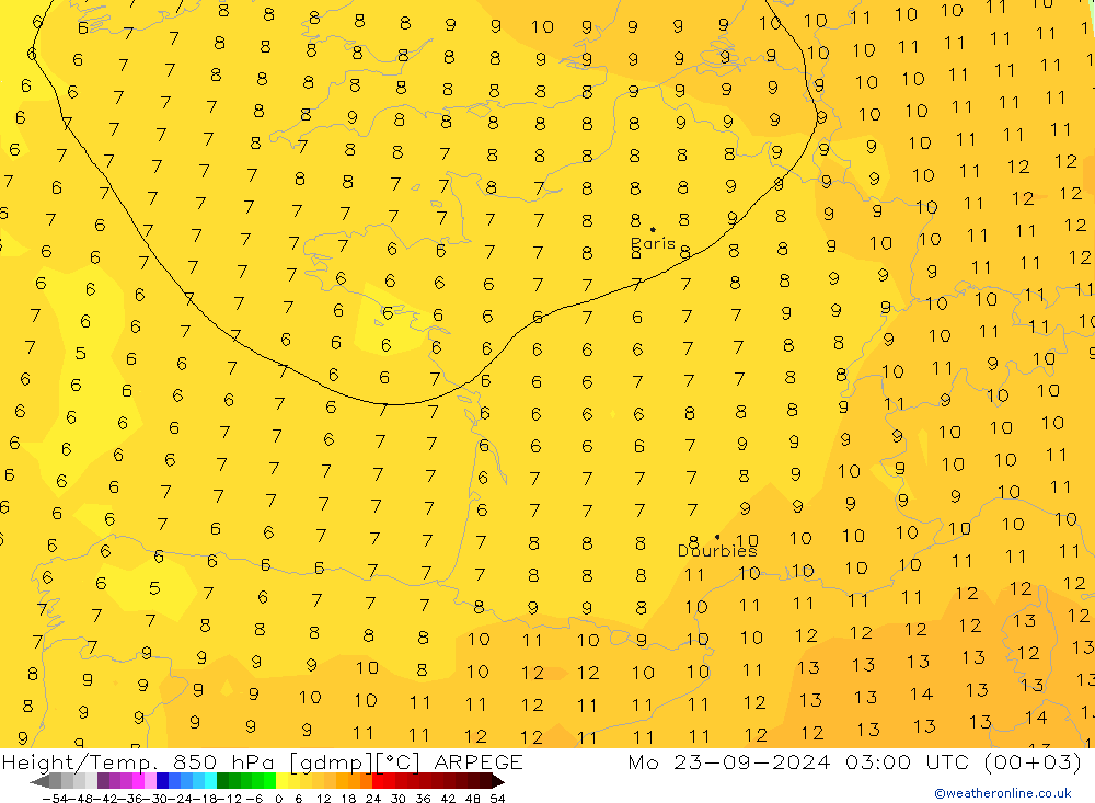 Height/Temp. 850 hPa ARPEGE Mo 23.09.2024 03 UTC