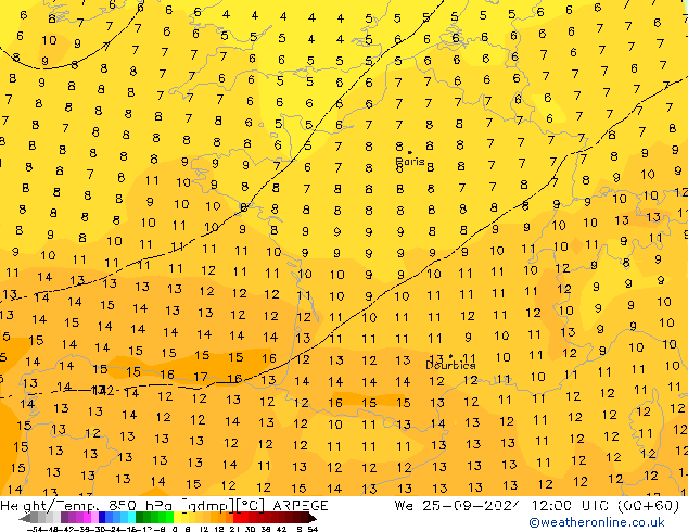 Height/Temp. 850 hPa ARPEGE Qua 25.09.2024 12 UTC