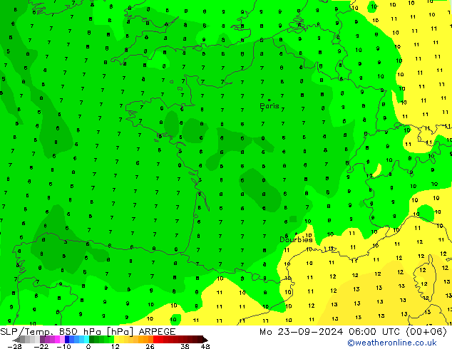 SLP/Temp. 850 hPa ARPEGE lun 23.09.2024 06 UTC