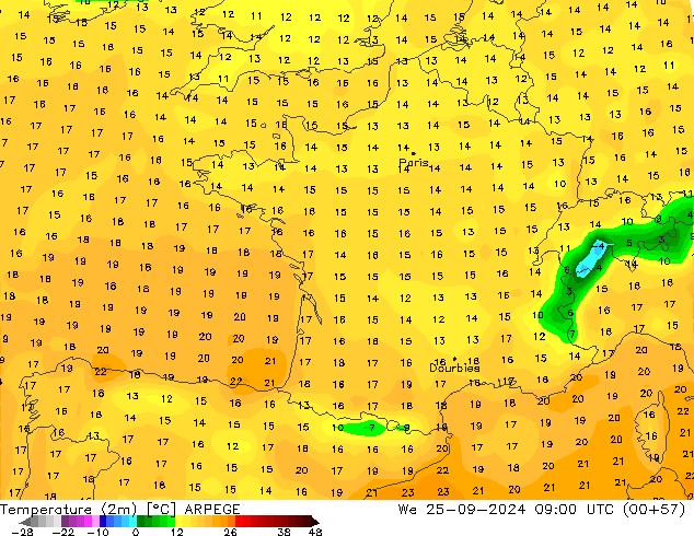 Temperature (2m) ARPEGE We 25.09.2024 09 UTC