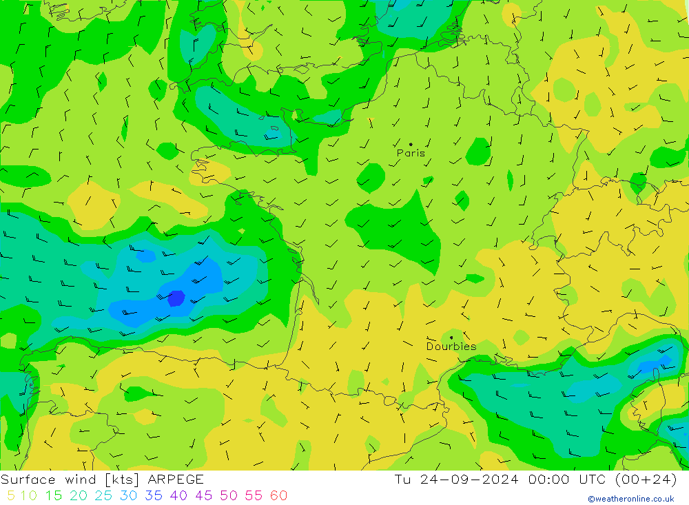 Vento 10 m ARPEGE mar 24.09.2024 00 UTC