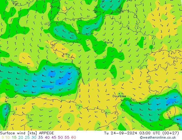 Surface wind ARPEGE Tu 24.09.2024 03 UTC