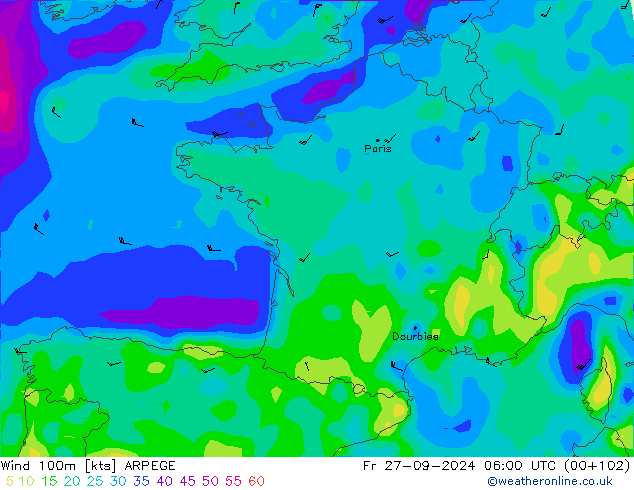 Vento 100m ARPEGE ven 27.09.2024 06 UTC