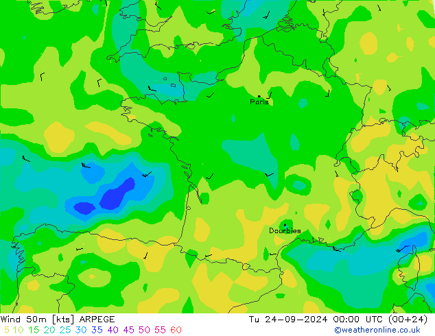 Wind 50m ARPEGE Di 24.09.2024 00 UTC