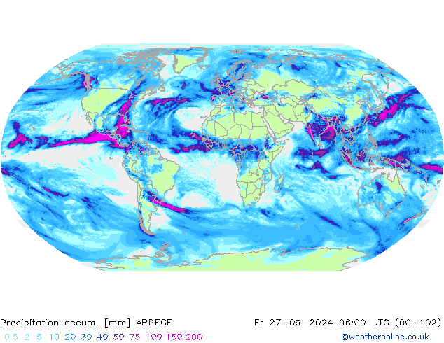 Totale neerslag ARPEGE vr 27.09.2024 06 UTC