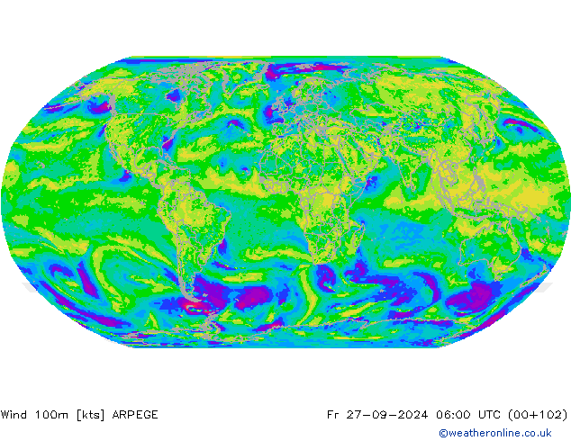 Vento 100m ARPEGE ven 27.09.2024 06 UTC