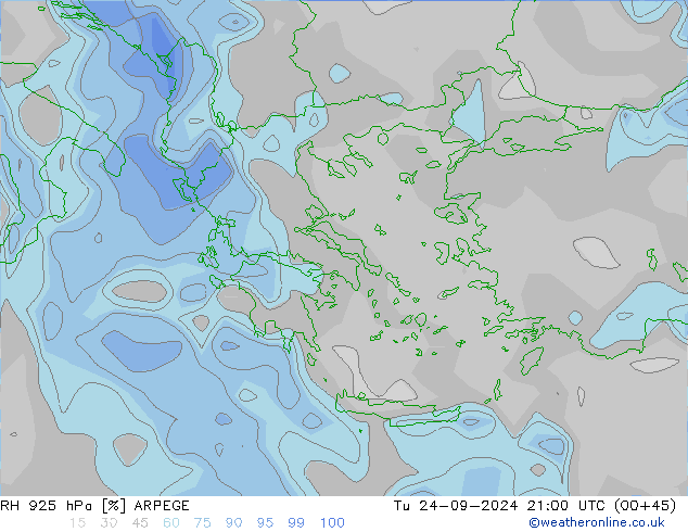 Humidité rel. 925 hPa ARPEGE mar 24.09.2024 21 UTC