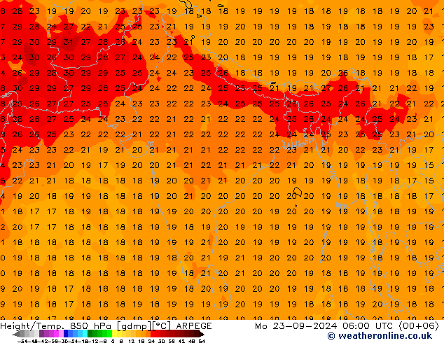 Hoogte/Temp. 850 hPa ARPEGE ma 23.09.2024 06 UTC