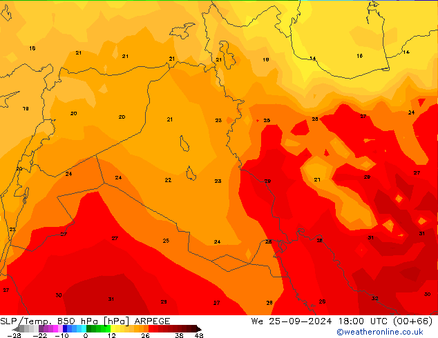 850 hPa Yer Bas./Sıc ARPEGE Çar 25.09.2024 18 UTC