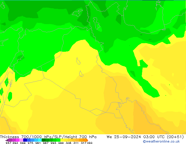 Thck 700-1000 hPa ARPEGE We 25.09.2024 03 UTC