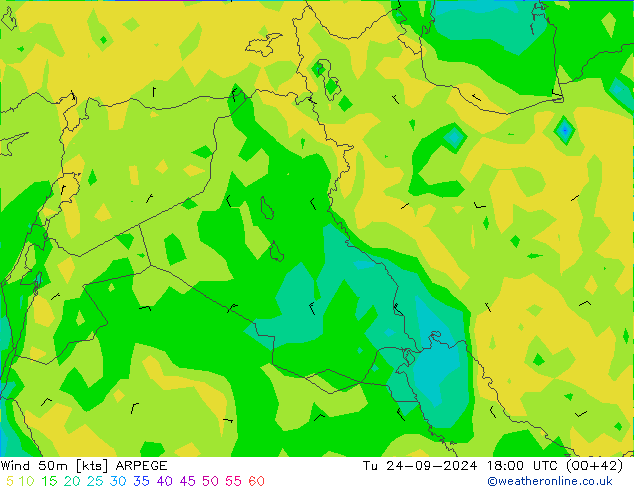 Wind 50m ARPEGE Tu 24.09.2024 18 UTC