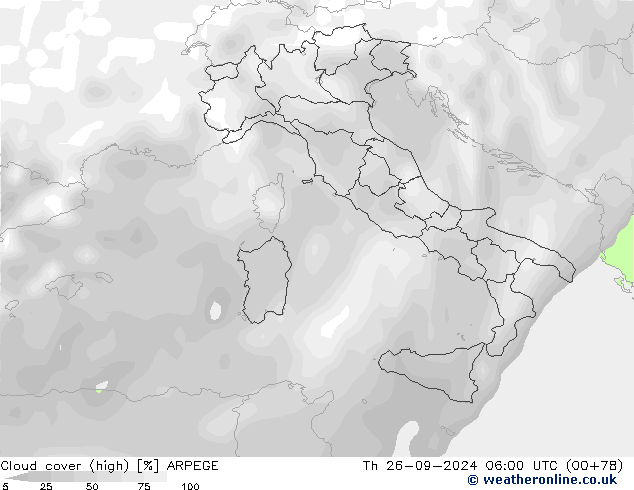 Nuages (élevé) ARPEGE jeu 26.09.2024 06 UTC