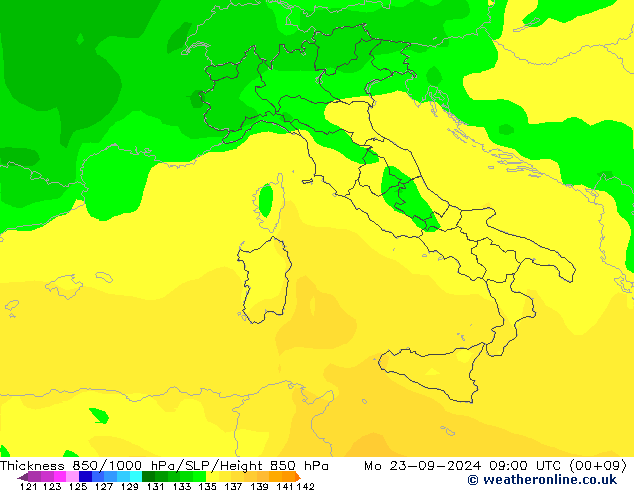 850-1000 hPa Kalınlığı ARPEGE Pzt 23.09.2024 09 UTC