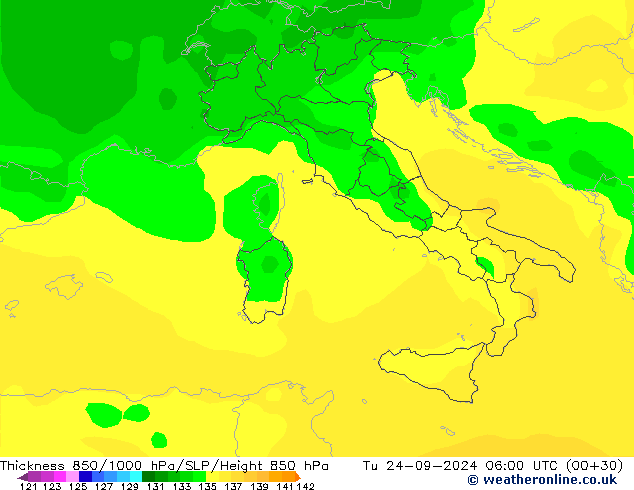 Thck 850-1000 hPa ARPEGE mar 24.09.2024 06 UTC