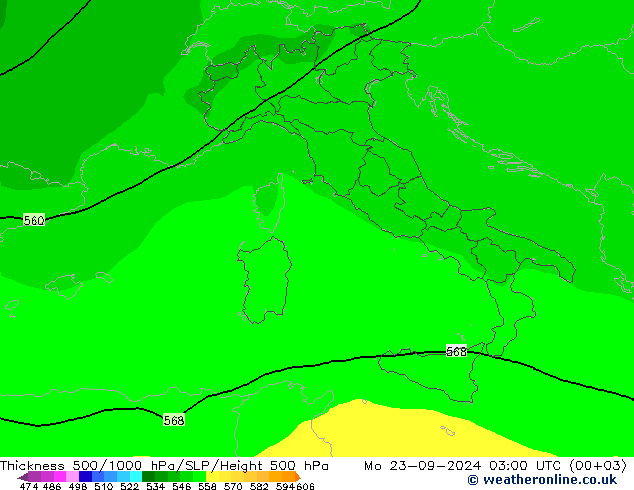 Dikte 500-1000hPa ARPEGE ma 23.09.2024 03 UTC