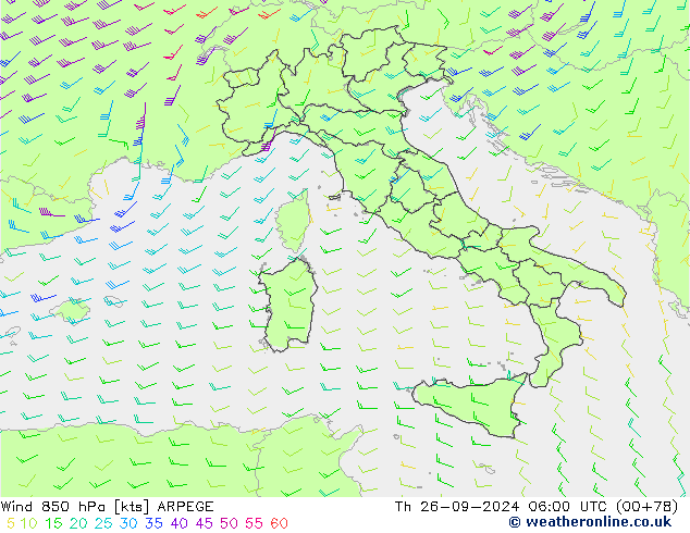 Vent 850 hPa ARPEGE jeu 26.09.2024 06 UTC