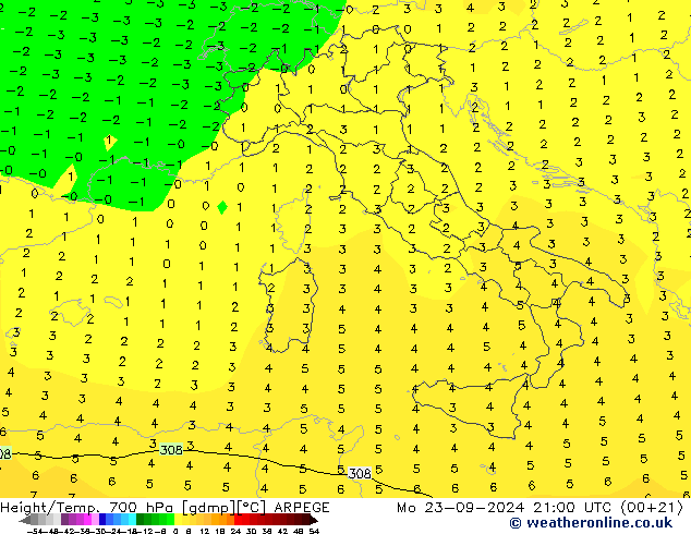 Yükseklik/Sıc. 700 hPa ARPEGE Pzt 23.09.2024 21 UTC