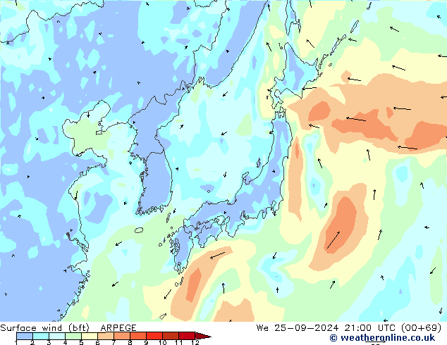 Surface wind (bft) ARPEGE We 25.09.2024 21 UTC