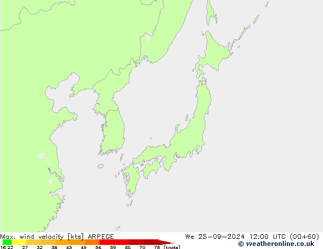 Max. wind velocity ARPEGE ср 25.09.2024 12 UTC