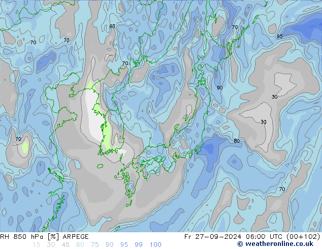 RH 850 hPa ARPEGE Fr 27.09.2024 06 UTC