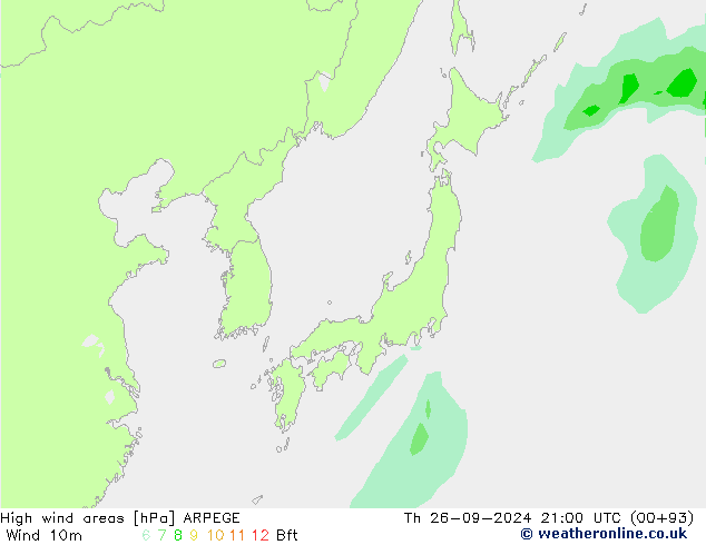 High wind areas ARPEGE чт 26.09.2024 21 UTC