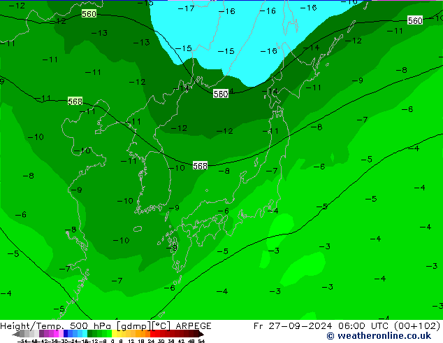 Hoogte/Temp. 500 hPa ARPEGE vr 27.09.2024 06 UTC