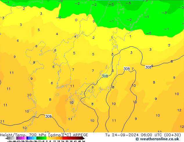 Height/Temp. 700 hPa ARPEGE Tu 24.09.2024 06 UTC