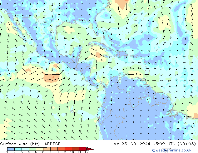 Bodenwind (bft) ARPEGE Mo 23.09.2024 03 UTC