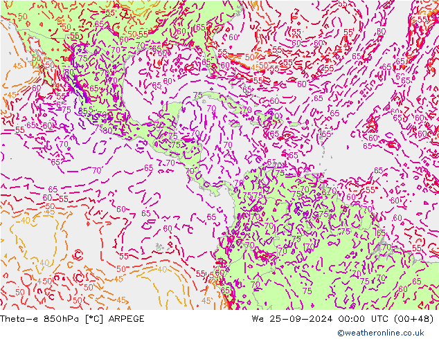 Theta-e 850hPa ARPEGE Mi 25.09.2024 00 UTC