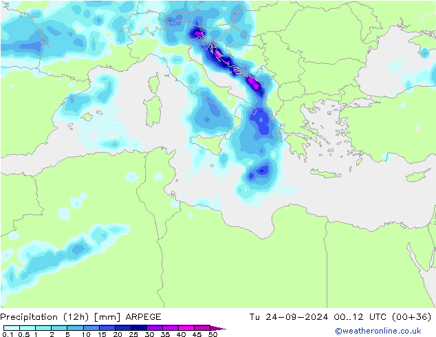 Precipitação (12h) ARPEGE Ter 24.09.2024 12 UTC