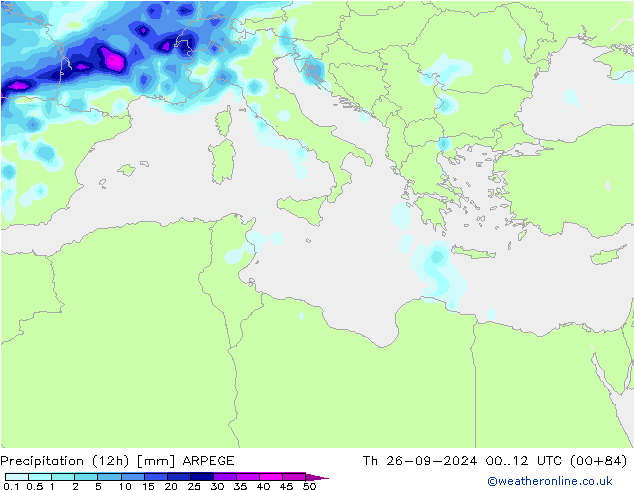 Totale neerslag (12h) ARPEGE do 26.09.2024 12 UTC