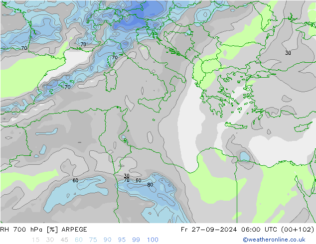 RH 700 hPa ARPEGE Fr 27.09.2024 06 UTC