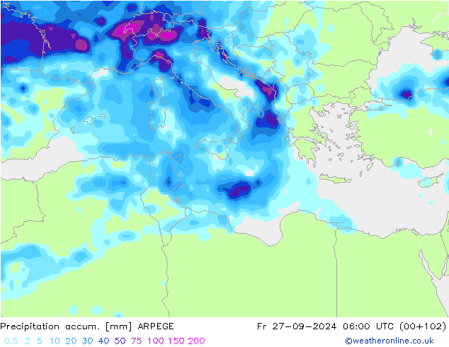 Precipitation accum. ARPEGE пт 27.09.2024 06 UTC