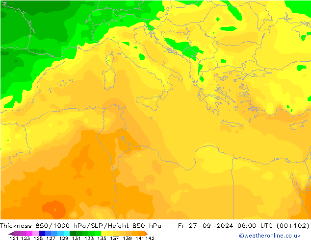 Thck 850-1000 hPa ARPEGE Fr 27.09.2024 06 UTC