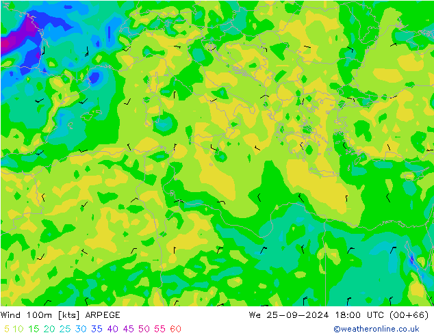 Vento 100m ARPEGE Qua 25.09.2024 18 UTC