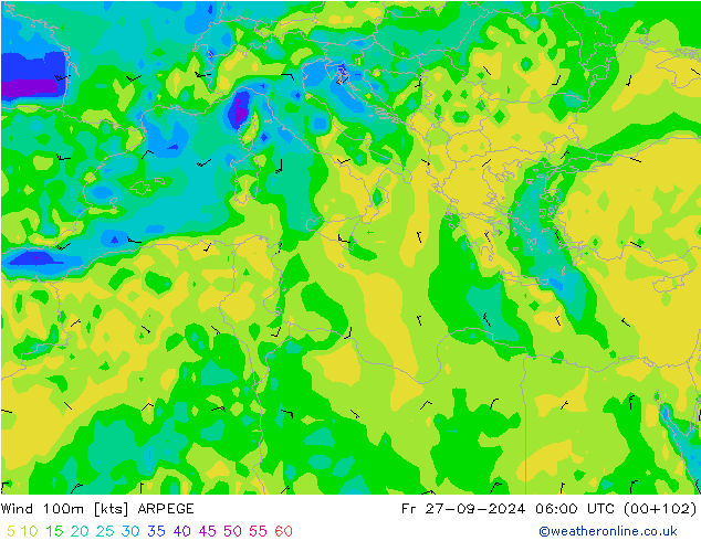 Vento 100m ARPEGE Sex 27.09.2024 06 UTC