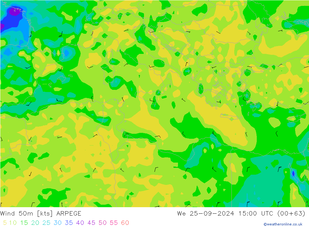 ветер 50 m ARPEGE ср 25.09.2024 15 UTC