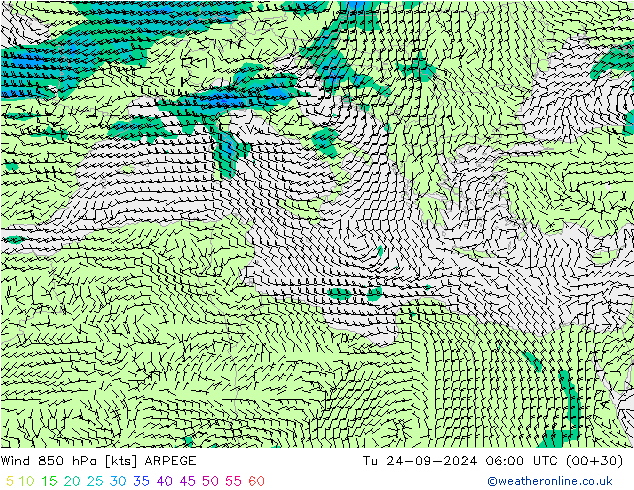 ветер 850 гПа ARPEGE вт 24.09.2024 06 UTC