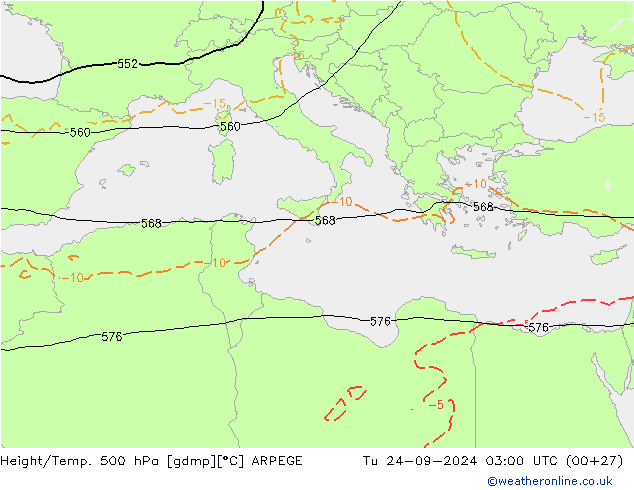 Yükseklik/Sıc. 500 hPa ARPEGE Sa 24.09.2024 03 UTC