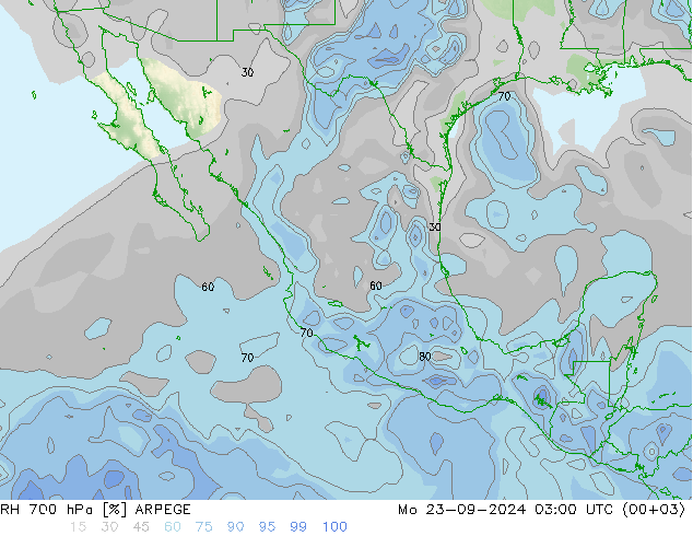 RH 700 hPa ARPEGE Mo 23.09.2024 03 UTC