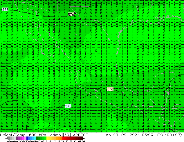 Height/Temp. 500 hPa ARPEGE Mo 23.09.2024 03 UTC