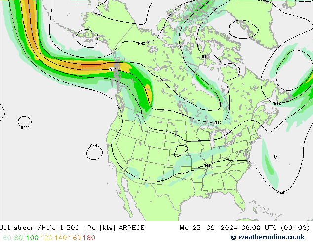 Jet stream/Height 300 hPa ARPEGE Mo 23.09.2024 06 UTC