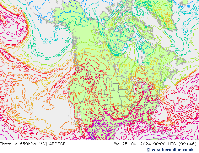 Theta-e 850hPa ARPEGE St 25.09.2024 00 UTC