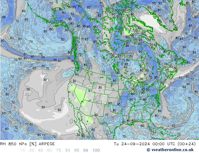 RH 850 hPa ARPEGE Di 24.09.2024 00 UTC