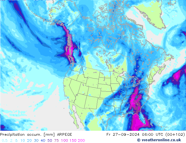 Precipitation accum. ARPEGE Fr 27.09.2024 06 UTC