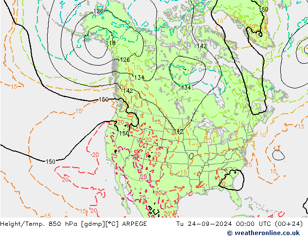 Yükseklik/Sıc. 850 hPa ARPEGE Sa 24.09.2024 00 UTC